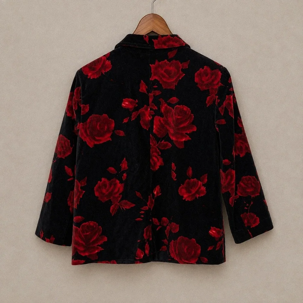 Talbots Red Rose Floral Velvet Jacket Size 2 Black Cotton Blazer Holiday Winter